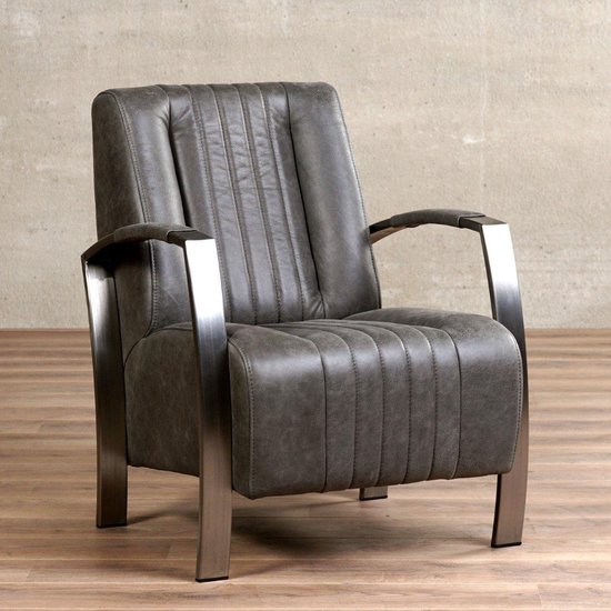 Leren fauteuil Glamour grijs leer, metalen frame, met armleuning, leren fauteuil,... bol