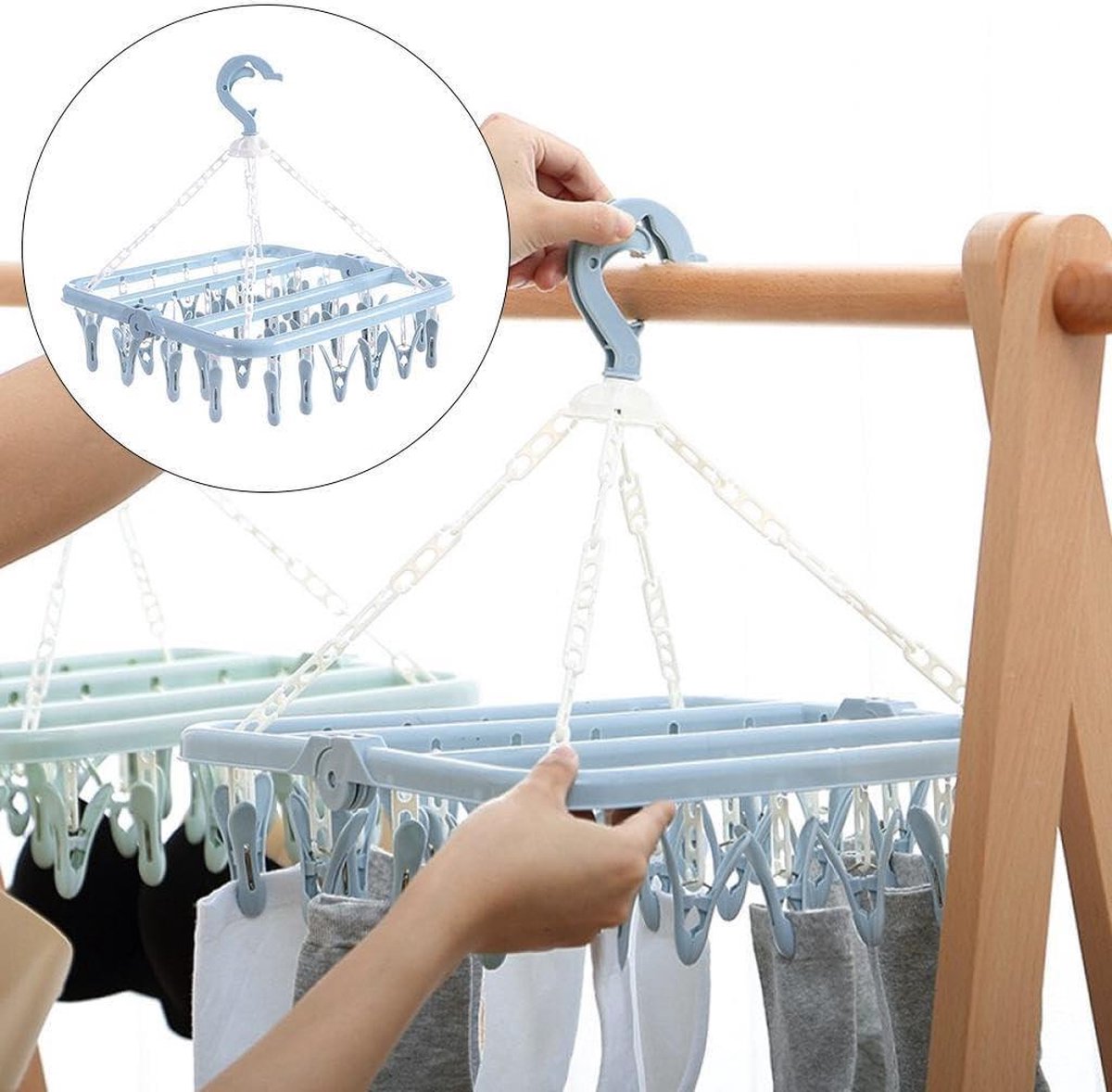 Goedkoopste Opvouwbare wasrek met 32 clips - Zwenkhaken - Winddichte kledinghanger - Sokkenhouder - Wasrek voor ondergoed - Ruimtebesparende hangdroger - Licht grijs