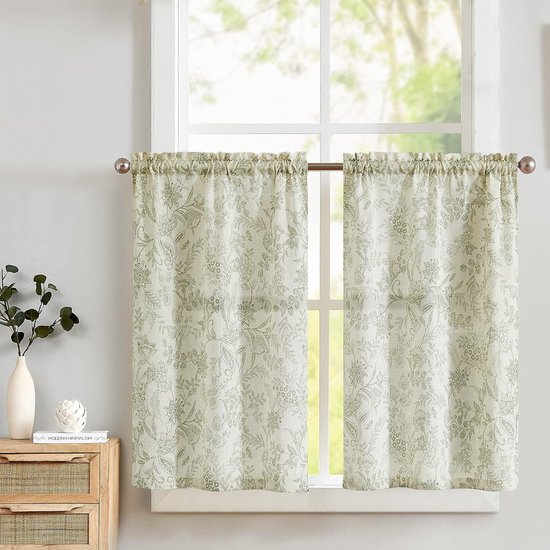 Vitrage, linnen, gordijn, bloemen, bedrukt, bistrogordijn, vitrage voor keuken, woonkamer, landhuis, set van 2, groen op beige, 65 B x 90 H (cm)