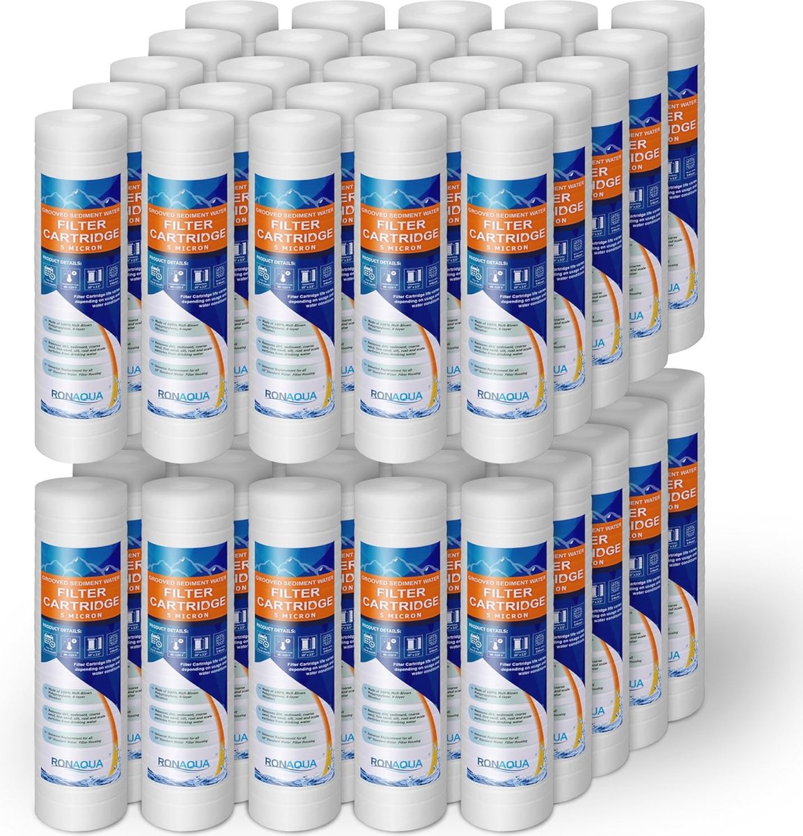 Gegroefde Sediment Waterfilter Cartridges - 5 Micron, 25.4 cm x 6.3 cm - Verwijdert Zand, Vuil, Slib en Roest (40 Stuks)