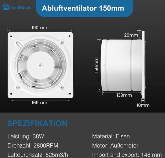 Treeisland Ventilador extractor de 150 mm para baño, 220 m³/h, ventilador de pared industrial para ventilación y ventilación en el baño, cocina