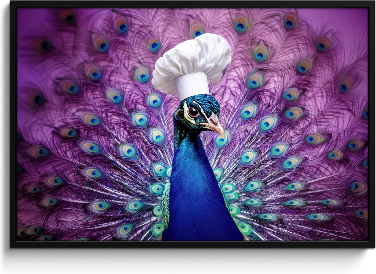 FrameYourWall Fotolijst inclusief poster - Posterlijst 120x80 cm - Posters - Pauw - Koksmuts - Cool - Paars - Foto in lijst - Keuken decoratie muur - Wanddecoratie accessoires - Muurdecoratie - Schilderijen Koksmuts - Pauw