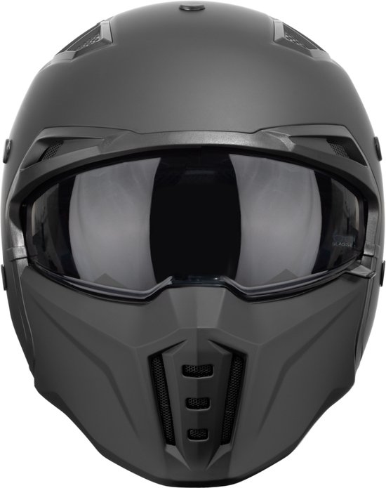 VINZ Shuto Jethelm met Zonnevizier | Streetfighter Helm Scooter Brommer Motorhelm | ECE 22.06 en Afneembaar Kinstuk | in XS-XXL - Mat Zwart
