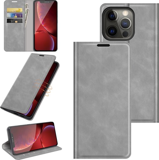 Coque iPhone 13 Pro - Bookcase portefeuille de Luxe (fermeture magnétique) - Grijs - Étui pour téléphone portable - Étui de téléphone Convient pour : iPhone 13 Pro