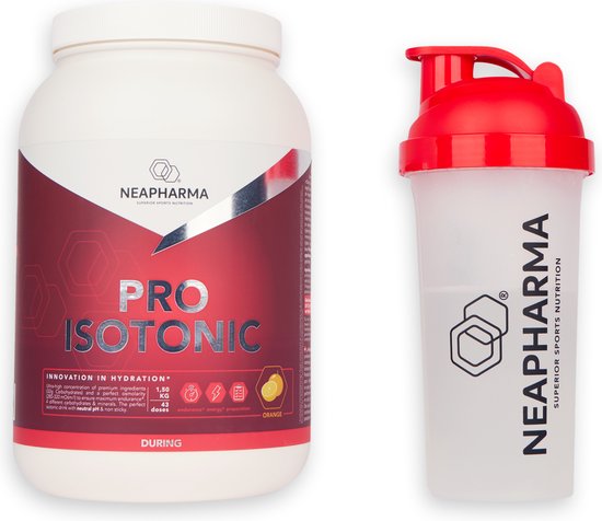 Grote pot Neapharma Pro Isotonic en een rode Neapharma shaker.