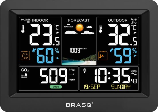 BRASQ Draadloos Weerstation met CO₂-Meter – Binnen & Buiten – Hygrometer - Barometer & Buitensensor 60 m
