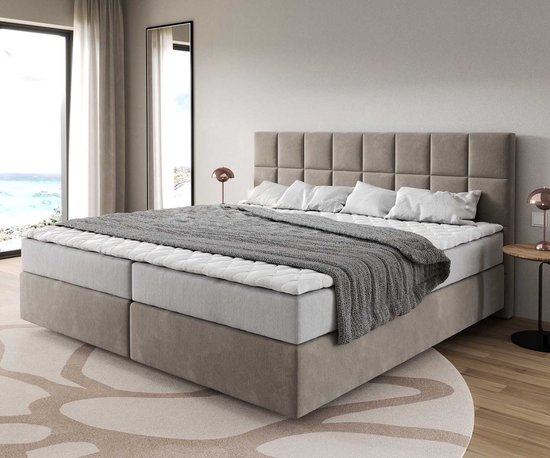 Lit à sommier tapissier Dream- Microfibre fine beige 200x200 cm avec matelas à ressorts ensachés et surmatelas Visco Lit à sommier tapissier Dream- Microfibre fine beige 200x200 cm avec matelas à ressorts ensachés et surmatelas Visco