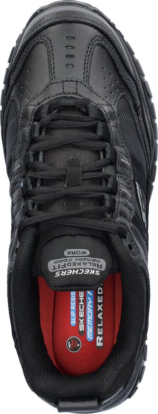 Zwarte Skechers werkschoen, bovenaanzicht, met rode Relaxed Fit Memory Foam binnenzool.