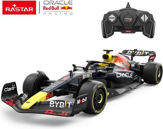 Zwarte Red Bull RB18 F1 raceauto model met afstandsbediening, Rastar logo.