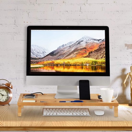 Relaxdays monitorstandaard, verstelbaar voor 2 schermen, bamboe, 74-105