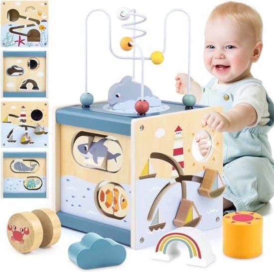 Youuys Montessori Montessori Motoriekkubus, houten speelgoed, vanaf 1 jaar, 10-in-1 (beige huis