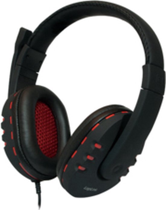 Zwarte LogiLink stereo headset met rode stiksels op de oorschelpen en een flexibele microfoon.