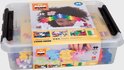 Plus-Plus BIG opbergbox met 200 bouwstenen. Doos toont een meisje met regenboog en close-ups van stenen.