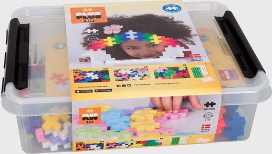 Plus-Plus BIG opbergbox met 200 bouwstenen. Doos toont een meisje met regenboog en close-ups van stenen.