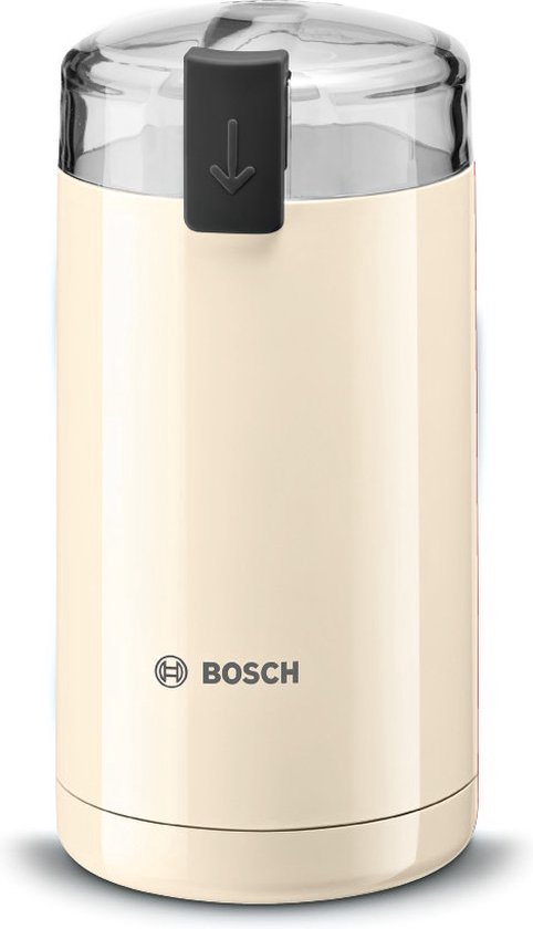 Crème elektrische koffiemolen van Bosch, frontaal weergegeven.