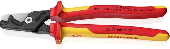 Knipex tangen met rode en gele handvatten, gesloten snijblad. Tekst: 1000V Made in GERMANY.