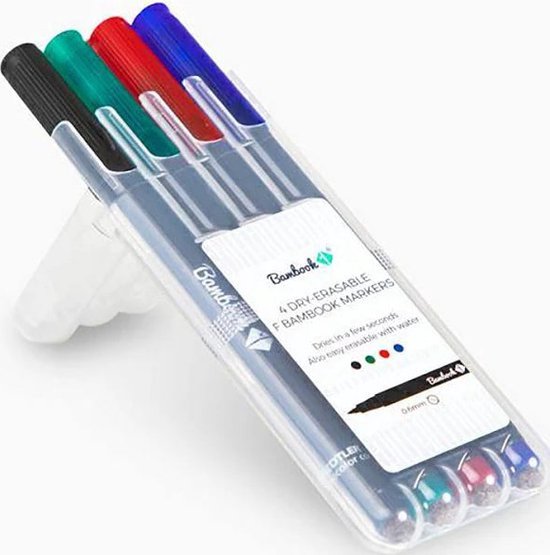 Emballage transparent avec quatre marqueurs Bambook F. Noir, vert, rouge et bleu, avec support.