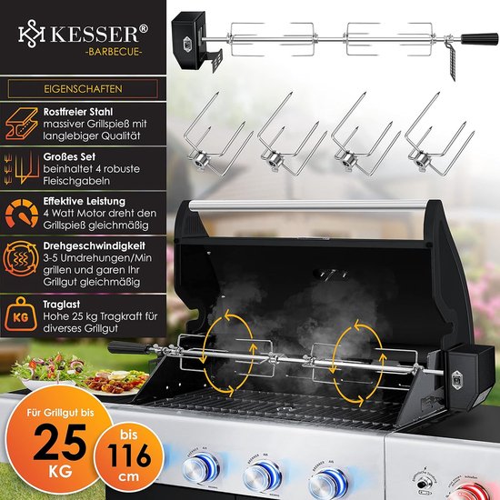 KESSER® Edelstahl Grillspieß Set 107cm Passend Für Weber Spirit Gasgrill Mit 4x Fleischnadeln Bbq Fleischklammer Griffstueck Und Motor Rotisserie Elektrischer Drehspiess 220v 240v