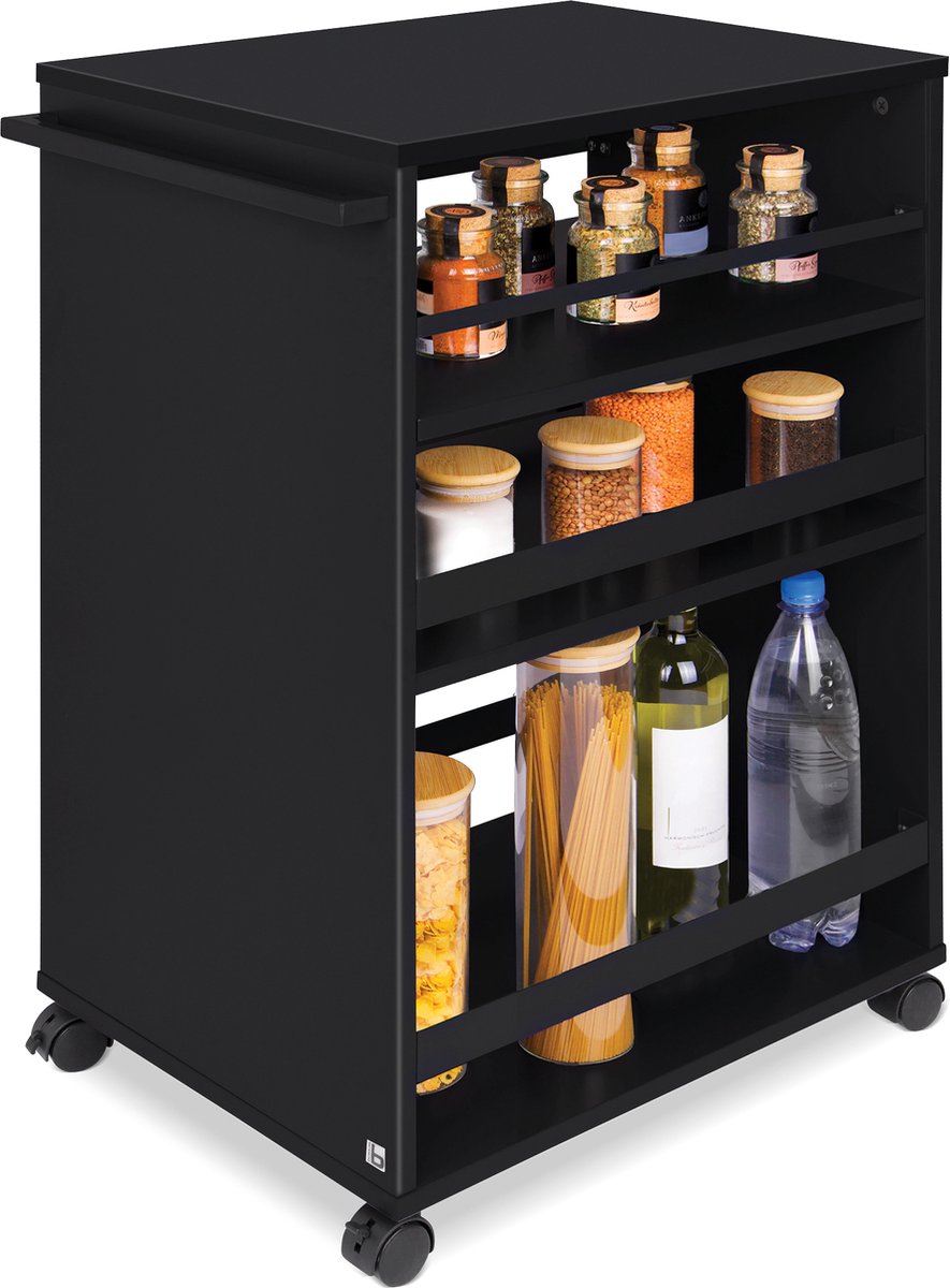 bomoe Bengt – Keukentrolley op Wieltjes 50x79x38 cm – Serveerwagen Hout met 3 Planken & FSC® werkblad – Zwart