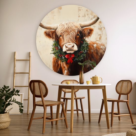 WallCircle® Cercle mural 140x140 cm - Cercle mural de Noël - Highlander écossais - Marron - Couronne - Décoration murale murale salon - Décoration murale chambre - Accessoires de décoration de chambre - Tableaux ronds