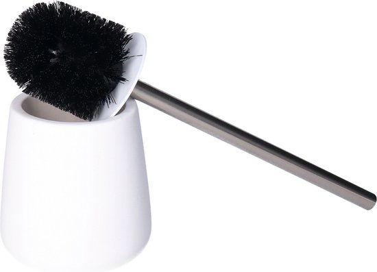 Porte-brosse WC blanc avec une brosse noire et un manche en métal.
