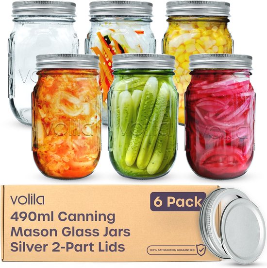 GLING [3 Count 64 oz. brede mond glazen metselaarpotten met metalen luchtdichte deksels en banden 2 kwart groot voor conservering, en maaltijdbereiding