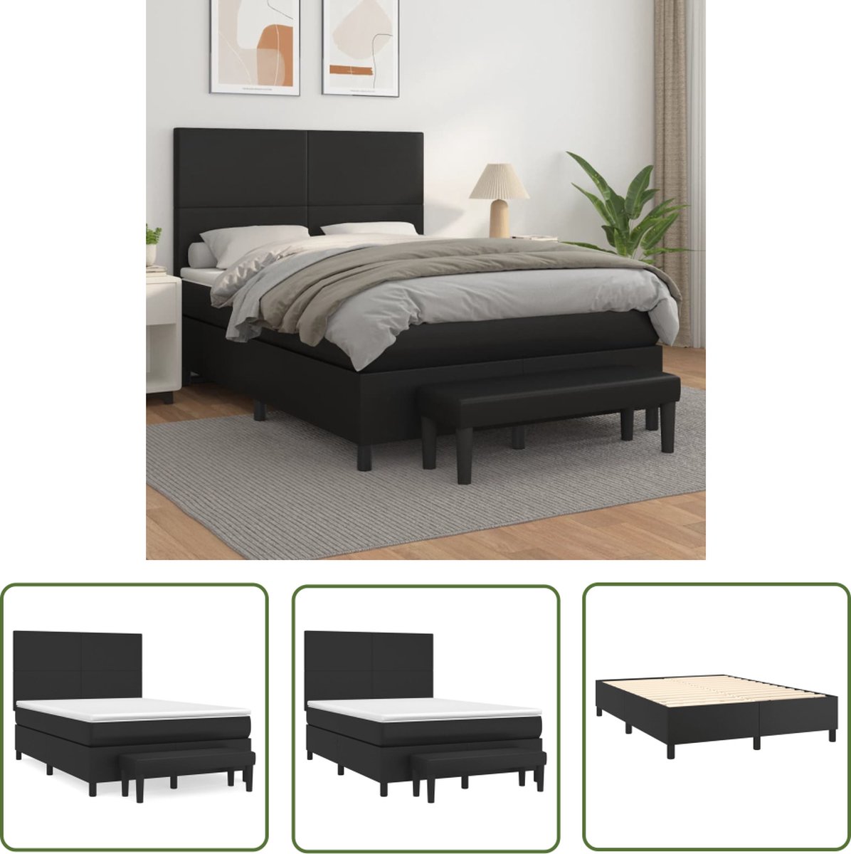 The Living Store Boxspringbed - Kunstleer - Pocketvering matras - Middelhard - Huidvriendelijk - Zwart - 203 x 144 x 118/128 cm