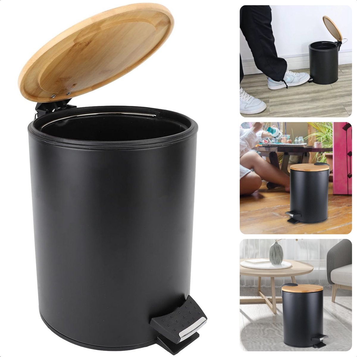 Goedkoopste Luxe Prullenbak - Pedaalemmer - Afvalbak - 3 Liter - Bamboe Deksel - Mat Zwart - Inclusief EBOOK