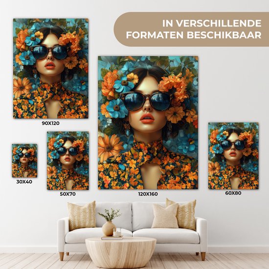 Canvas schilderij 30x40 cm - Wanddecoratie Vrouw - Bloemen - Oranje - Blauw - Modern - Muurdecoratie woonkamer - Slaapkamer decoratie - Kamer accessoires - Schilderijen op canvas