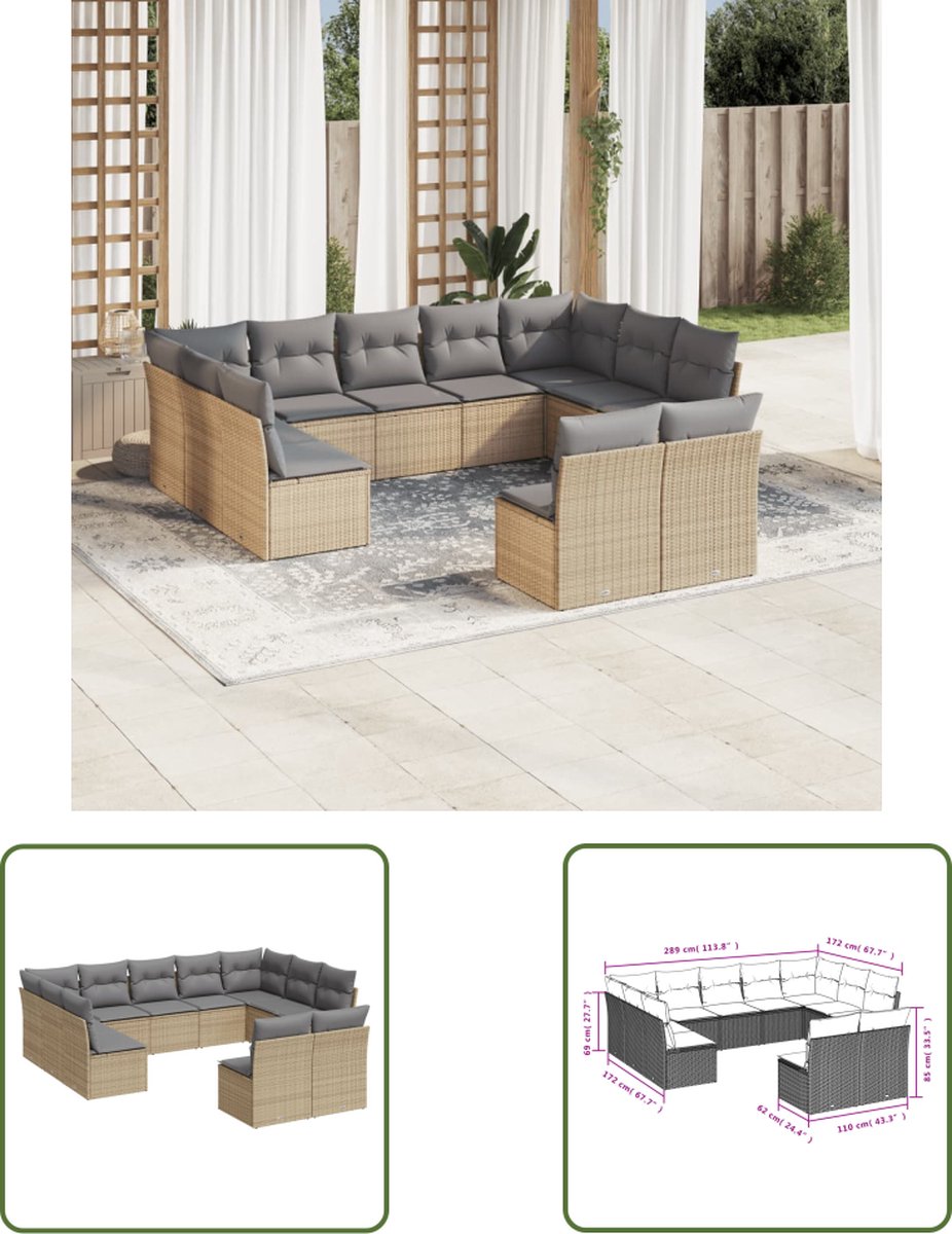The Living Store 11-delige Tuinset met kussens poly rattan beige - Tuinmeubles - Lounge Set - PE-rattan - Buitentuin - Outdoor Furniture