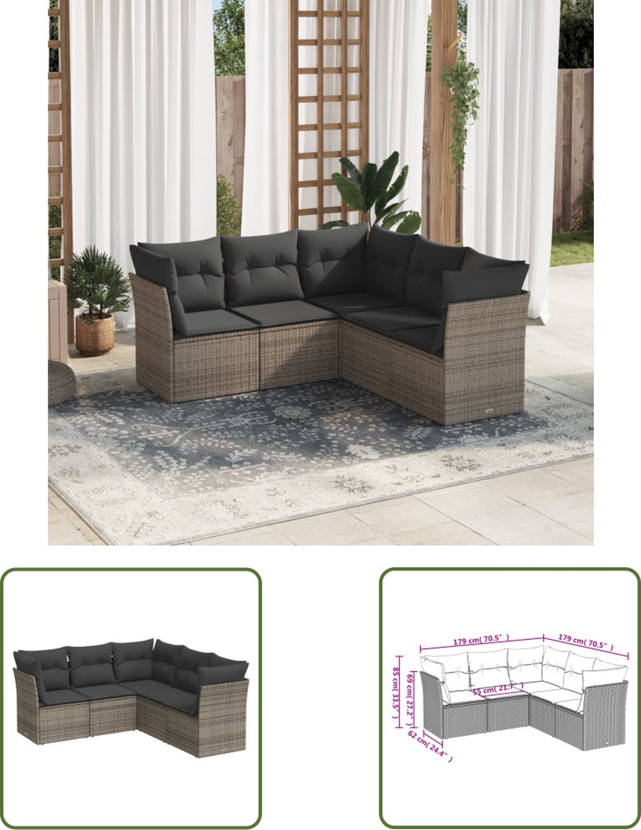 The Living Store 5-delige Loungeset met kussens poly rattan grijs - Loungebank - Lounge Set - Tuinlounge - Buitenshuis Zitten - Hoeksofa