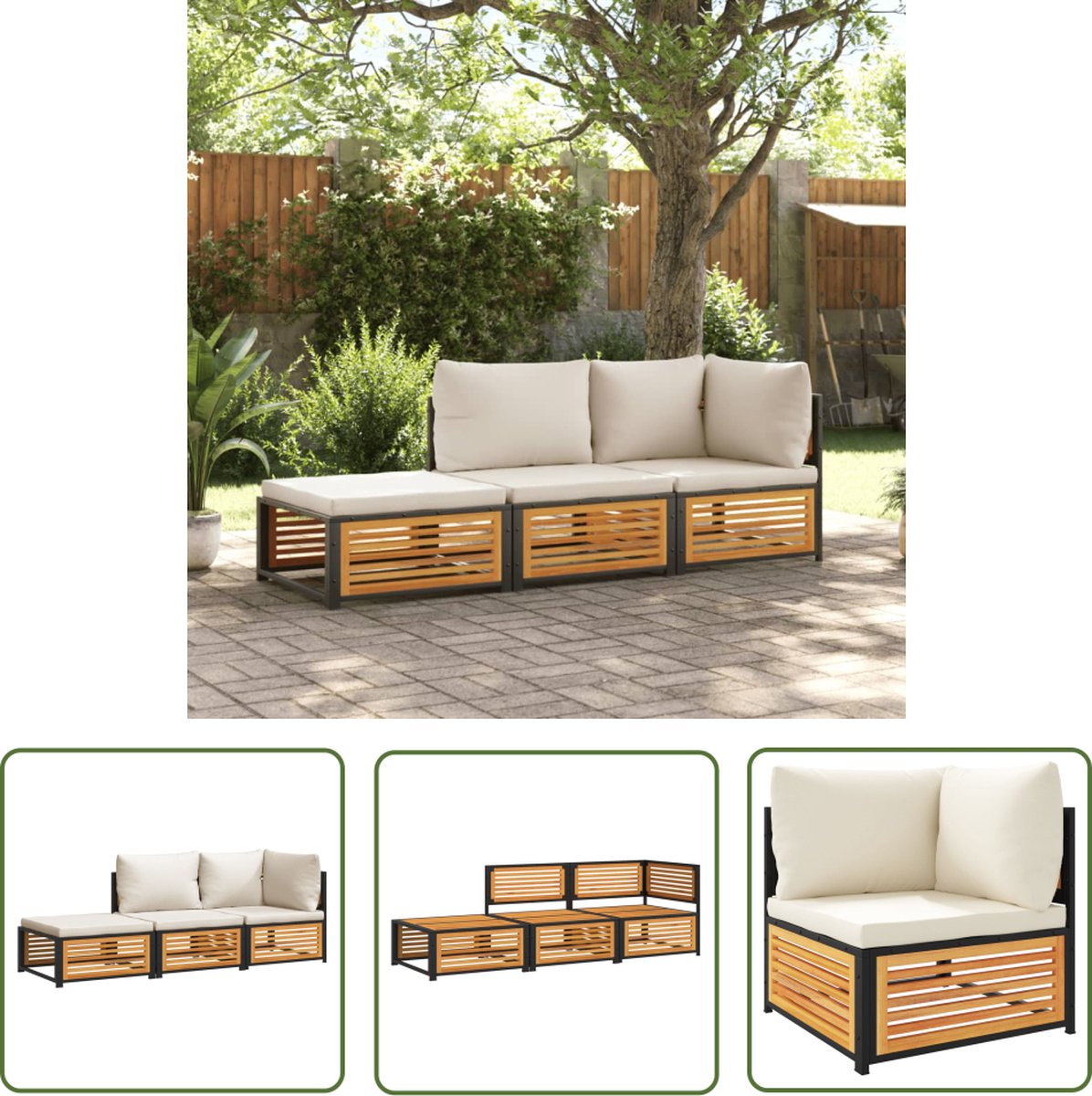 The Living Store 3-delige Loungeset met kussens massief acaciahout - Loungeset - Tuinset - Acacia Hout - Outdoor Furniture - Lounge Set