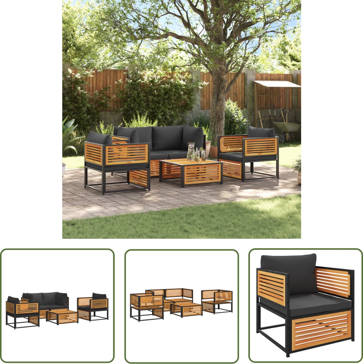 Massief acaciahouten loungeset met kussens - Tuinbank en lounge stoel.