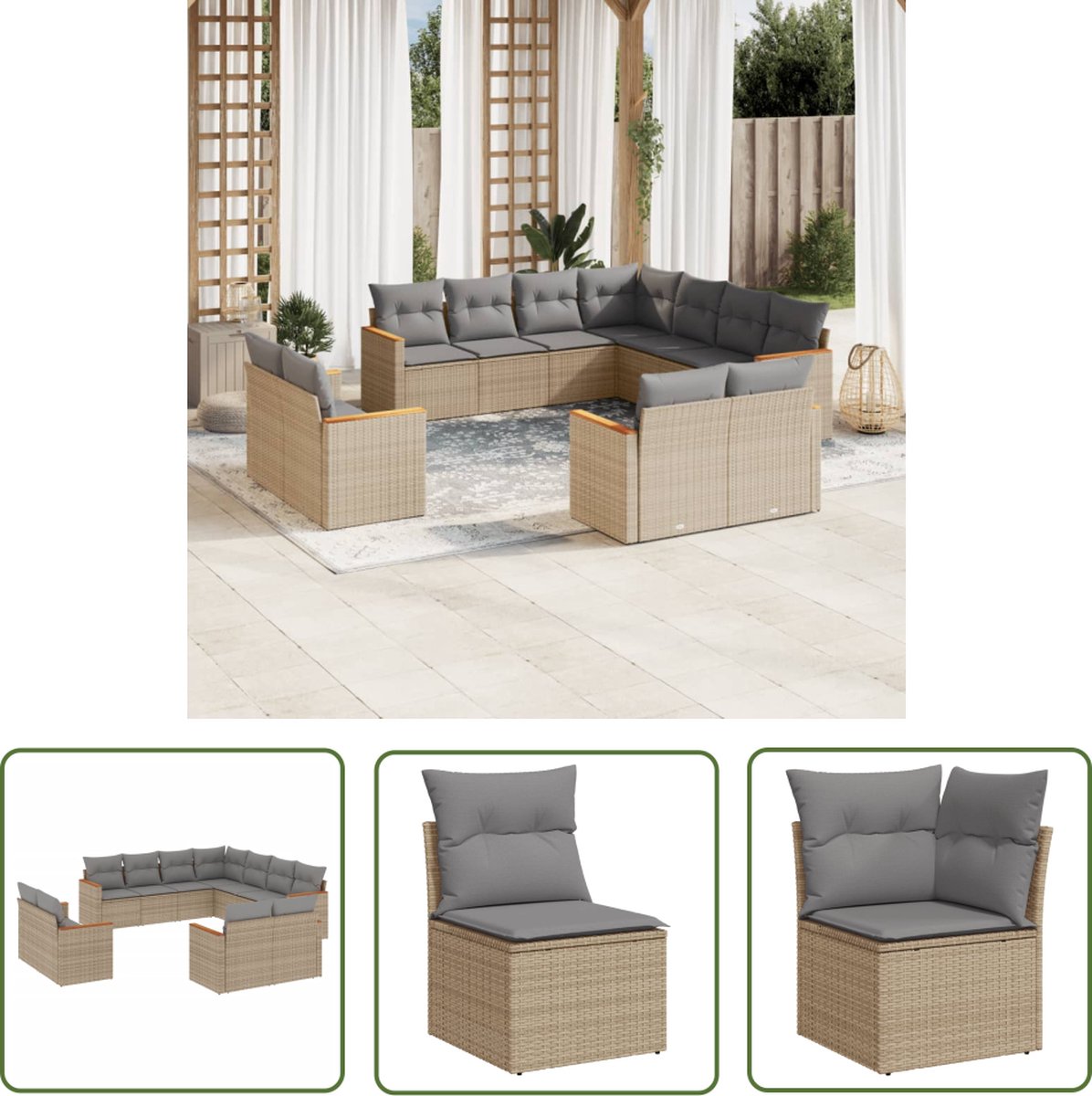 The Living Store 11-delige Loungeset met kussens poly rattan gemengd beige - Loungeset - Tuinset - Tuinbank - Lounge Set - Buitendecoratie Loungeset van poly rattan in gemengd beige met kussens.