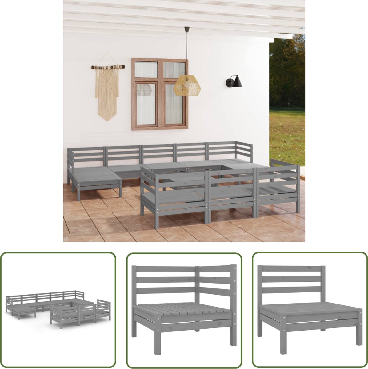 The Living Store 11-delige Loungeset massief grenenhout grijs - Loungeset - Tuinset - Hout - Grenenhout - Grijs