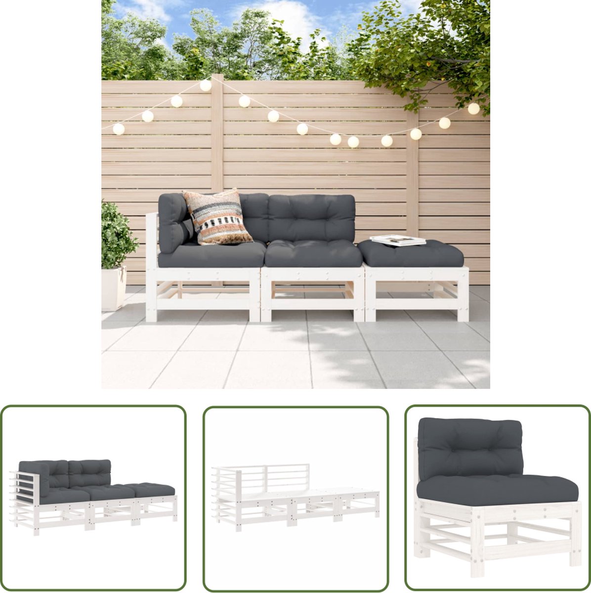 Massief houten loungeset in wit met kussens - Tuinlounge.