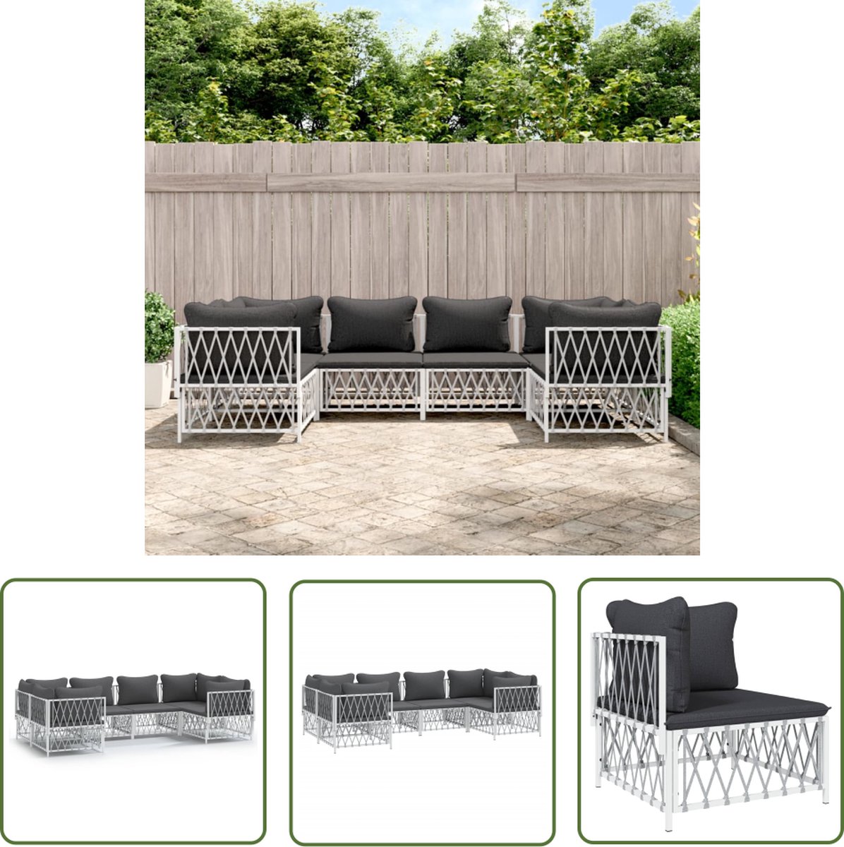The Living Store 6-delige Loungeset met kussens staal wit - Tuinhout Set - Lounge Set - Tuin Bank - Hoekbank - Witte Tuinbank