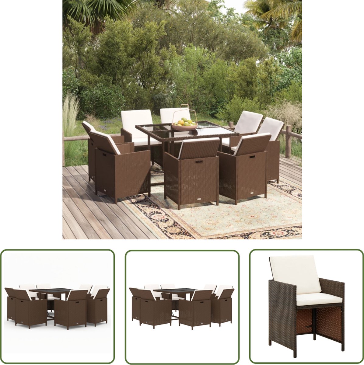 The Living Store 9-delige Tuinset met kussens poly rattan bruin - Eetkamerset - Buitendecoratie - Tuinset - Lounge Set - Garden Furniture