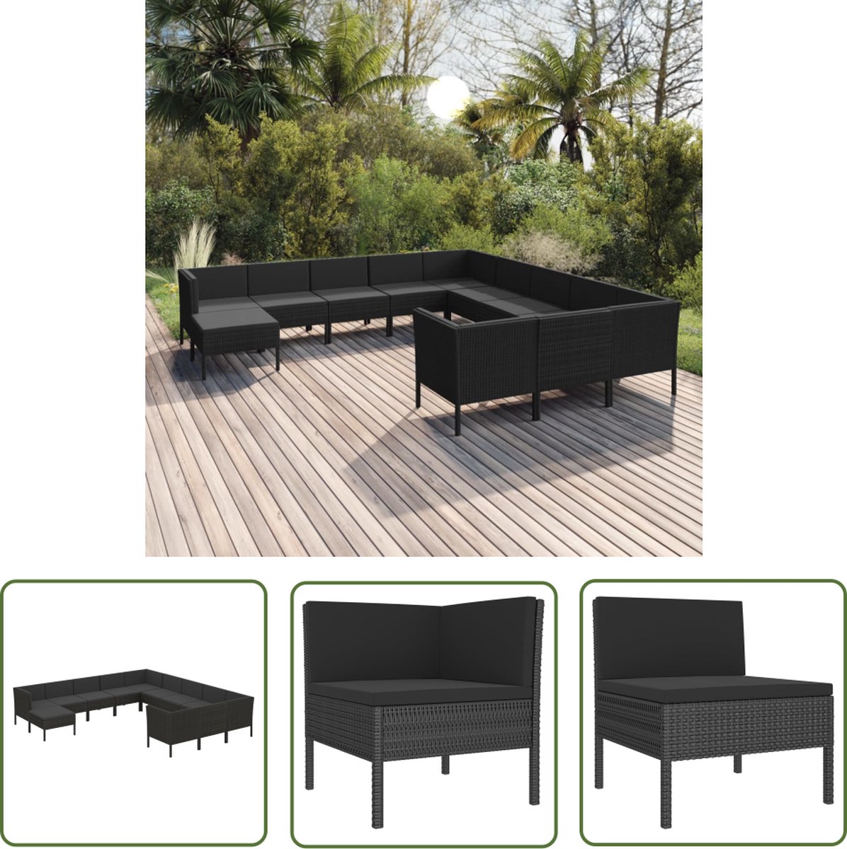 The Living Store 12-delige Loungeset met kussens poly rattan zwart - Lounge Set - Tuinset - Loungebank - Buitendining - Outdoor Furniture