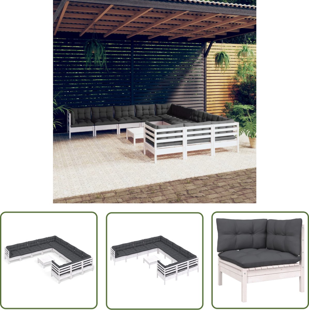 The Living Store 12-delige Loungeset met kussens massief grenenhout wit - Loungeset - Tuinset - Houten Lounge - Grenenhout - Loungebank