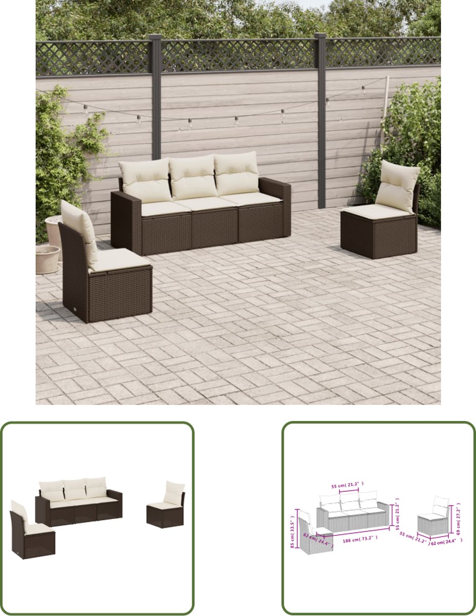 The Living Store 5-delige Loungeset met kussens poly rattan bruin - Loungeset - Tuinset - Lounge - Outdoor Furniture - Garden Furniture