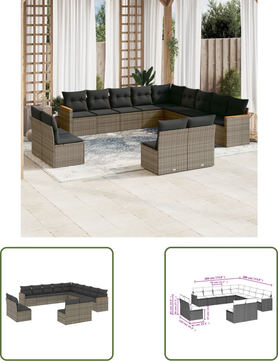 The Living Store 13-delige Loungeset met kussens poly rattan grijs - Loungeset - Tuinset - Tuinmeubels - Lounge Set - Outdoor Furniture