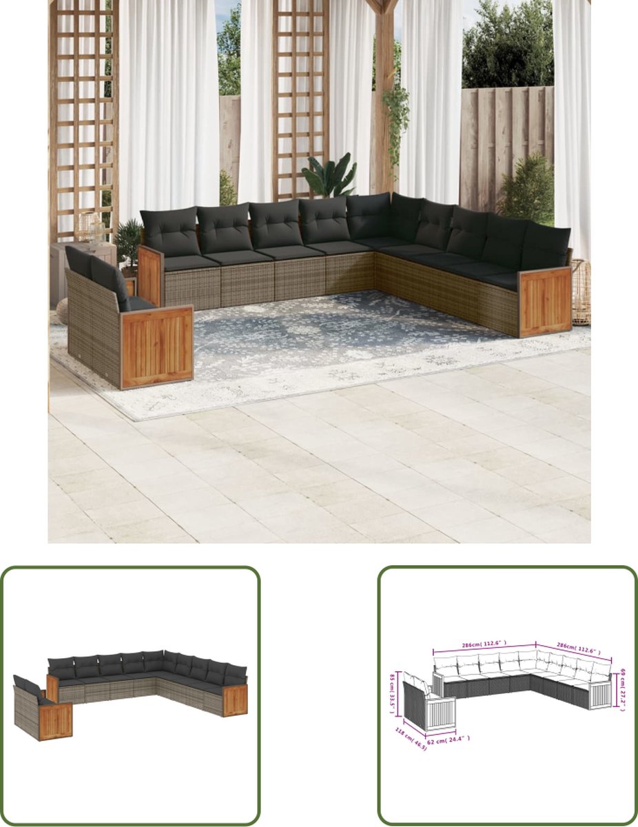 The Living Store 11-delige Loungeset met kussens poly rattan grijs - Loungeset - Tuinset - Buitendecoratie - Tuinbank - Hoeksofa