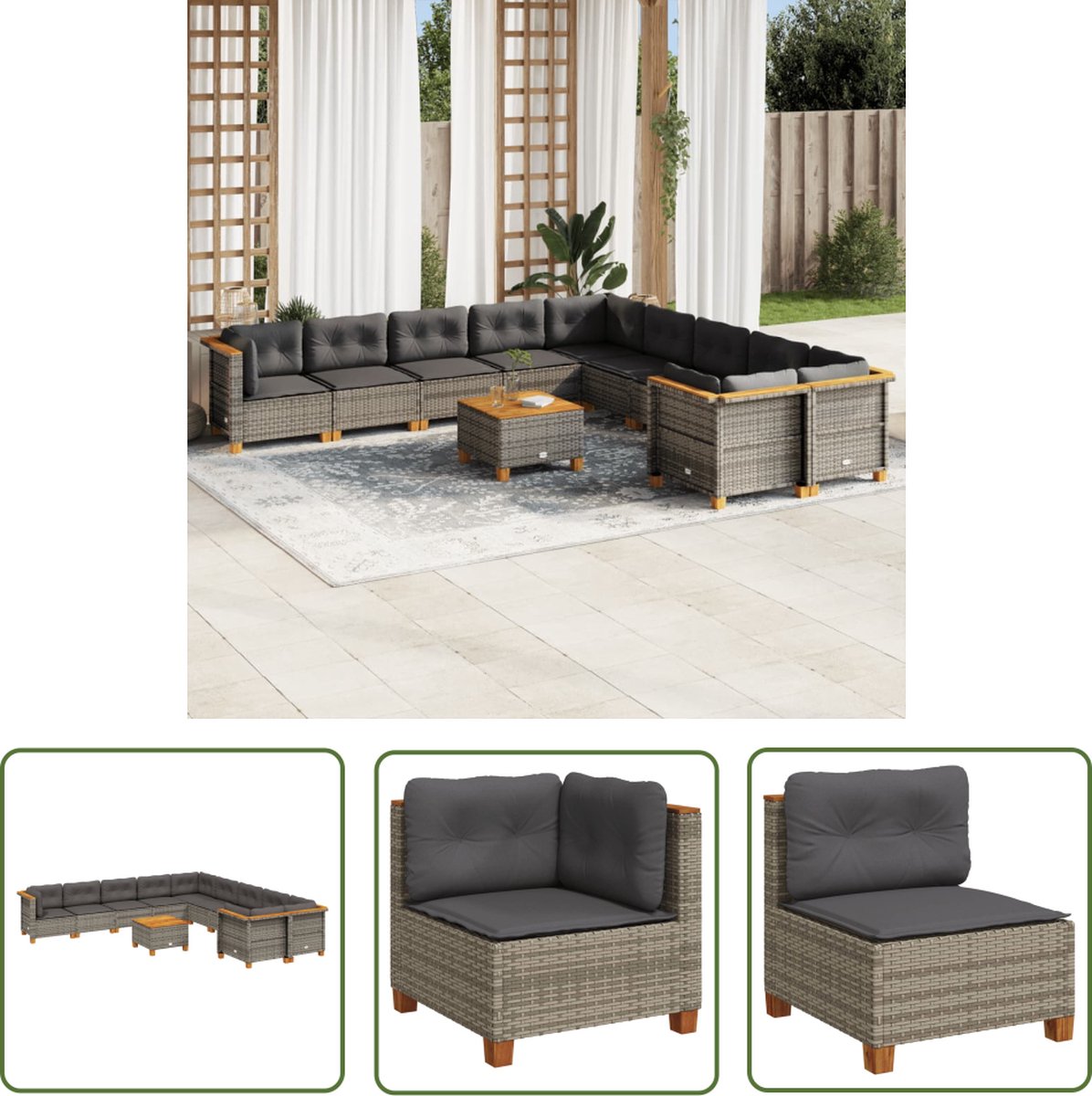 The Living Store 11-delige Loungeset met kussens poly rattan grijs - Loungebank - Lounge Set - Buitendecoratie - Tuinmeubels - Poly Rattan