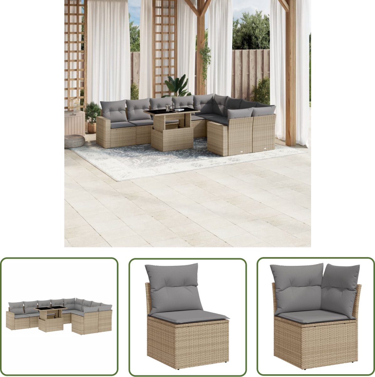 The Living Store 10-delige Loungeset met kussens poly rattan beige - Loungebank - Lounge Set - Buitendecoratie - Tuinmeubels - Tuinlounge
