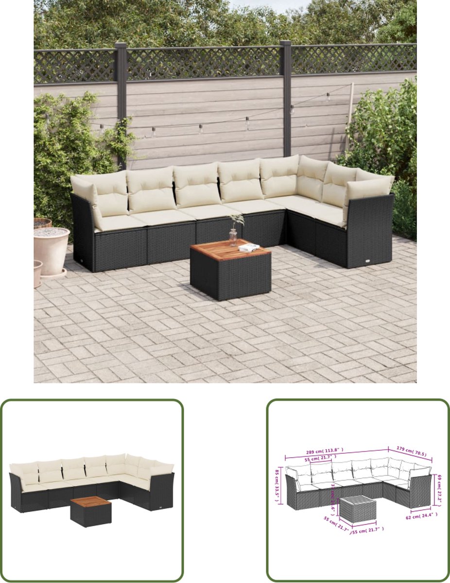 The Living Store 8-delige Loungeset met kussens poly rattan zwart - Loungebank - Lounge Set - Tuinmeubels - Buitendecoratie - PE-rattan