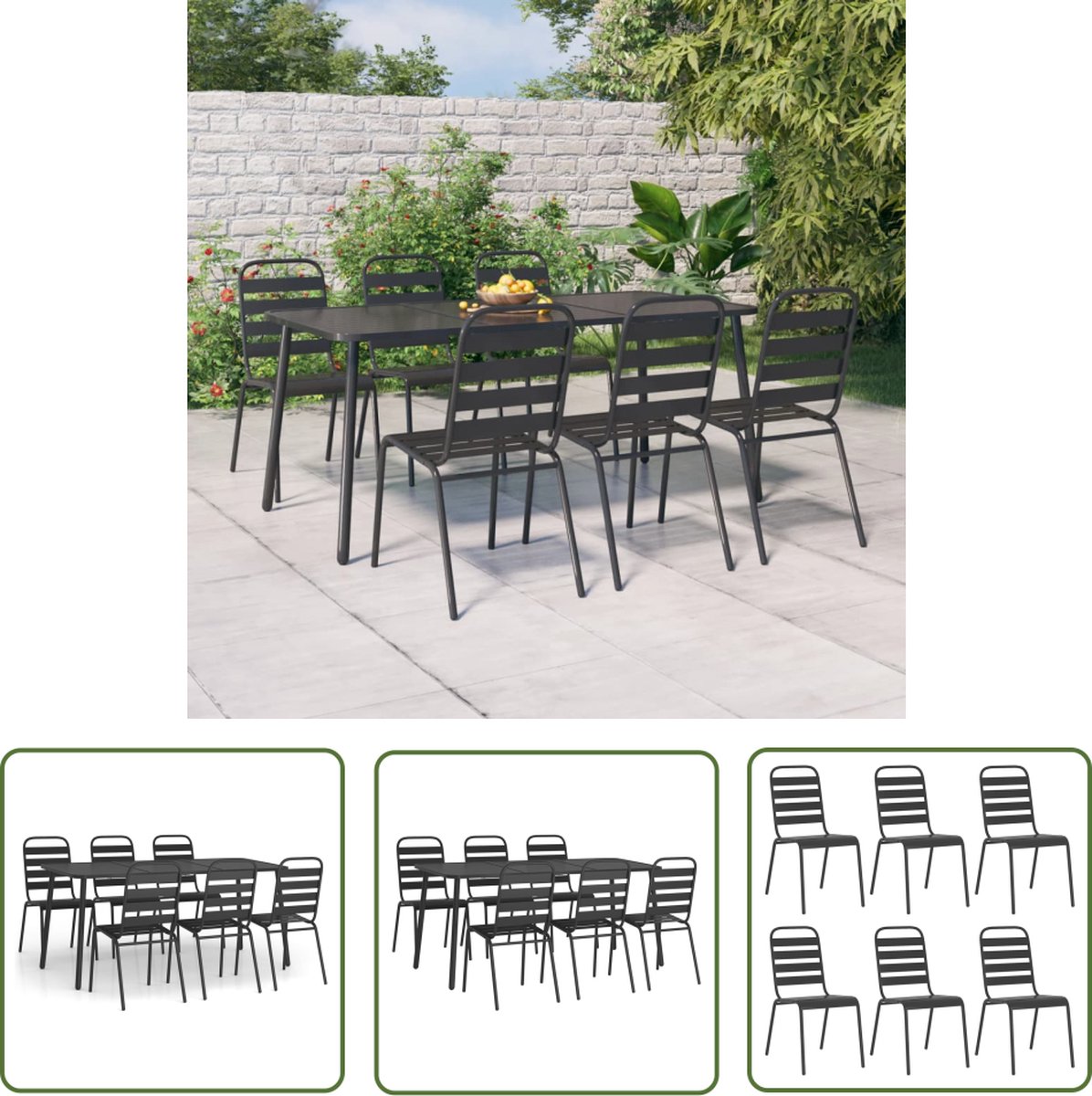 Antracietkleurige stalen tuinset met 7 delen van The Living Store.