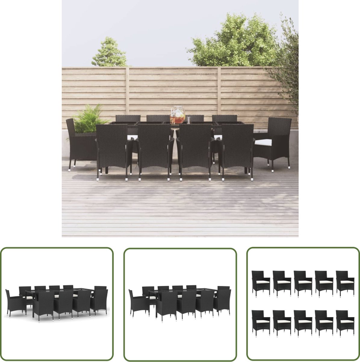 Zwarte poly rattan tuinset met kussens en bijpassende accessoires.