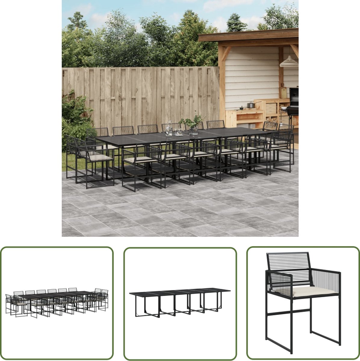 The Living Store 17-delige zwarte poly rattan tuinset met kussens.