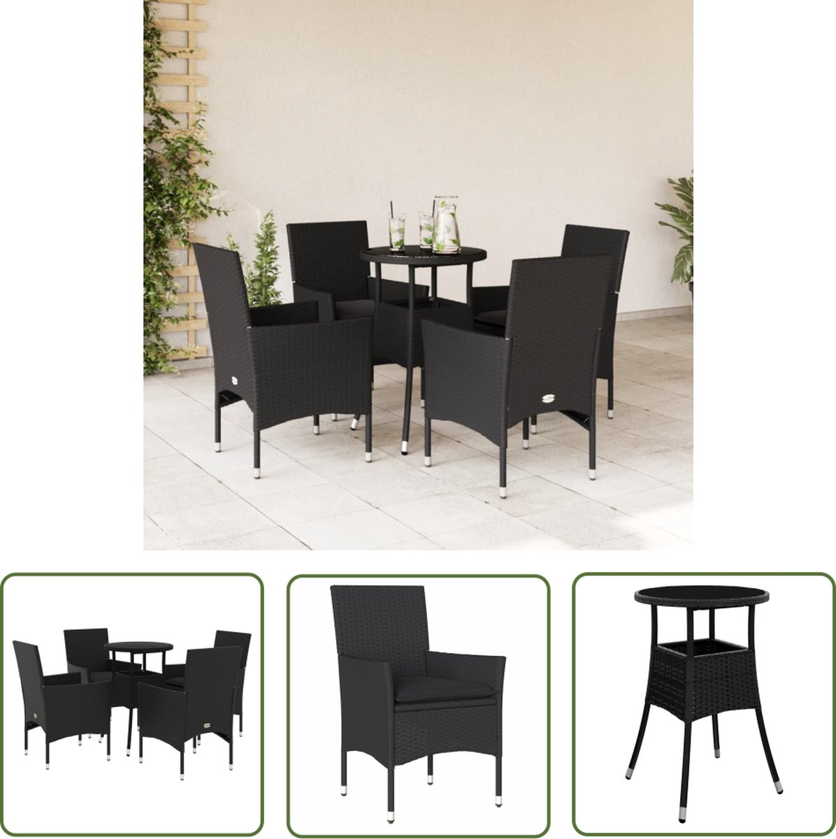 Zwart poly rattan tuinset met kussens en glazen tafel - The Living Store.